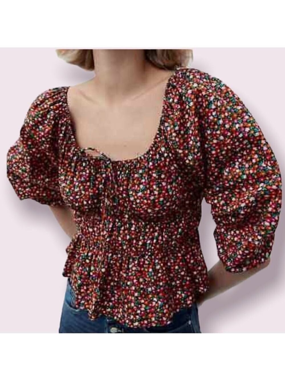 ZARA cotton floral crop top blouse puff sleeves Sz L